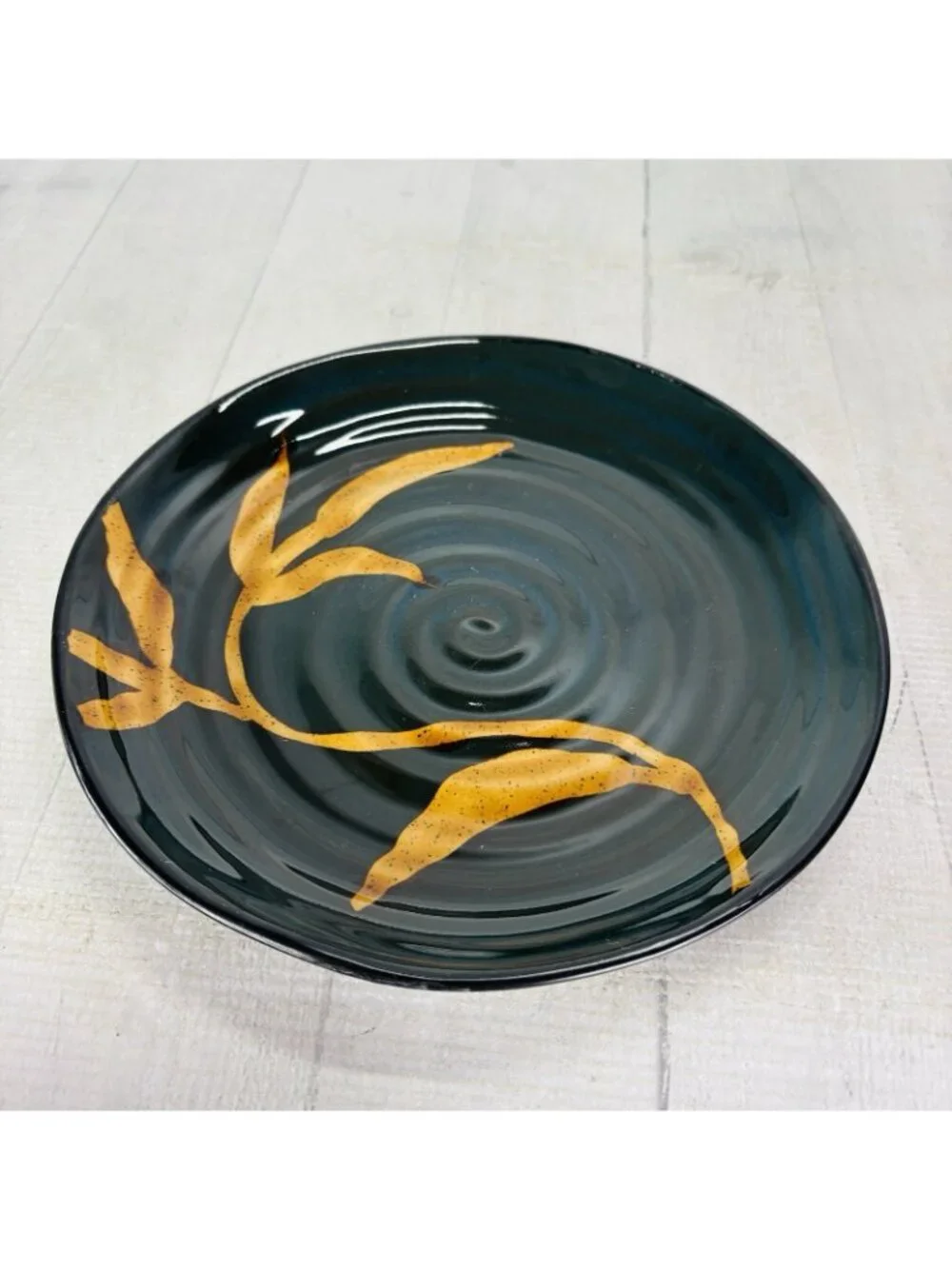 Pier 1 DAKARA Bamboo Leaf Yellow Rust Hand Painted Stoneware 8 5/8